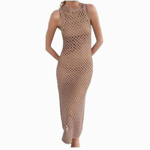 ZARA Metallic Thread Openwork Knit Dress/coverup In Neutral/gold. Size Small